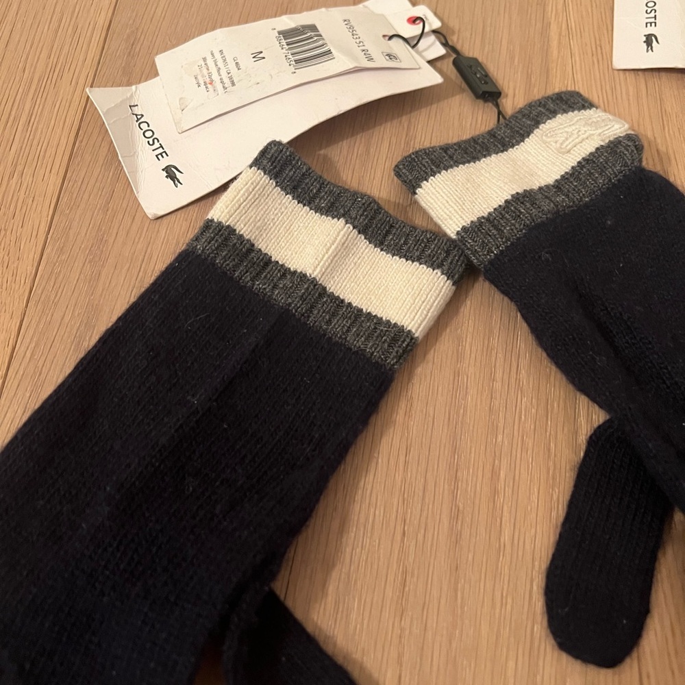 Lacoste Navy stripe wool angora blend Scarf and gloves set unisex nautical - Picture 2 of 7